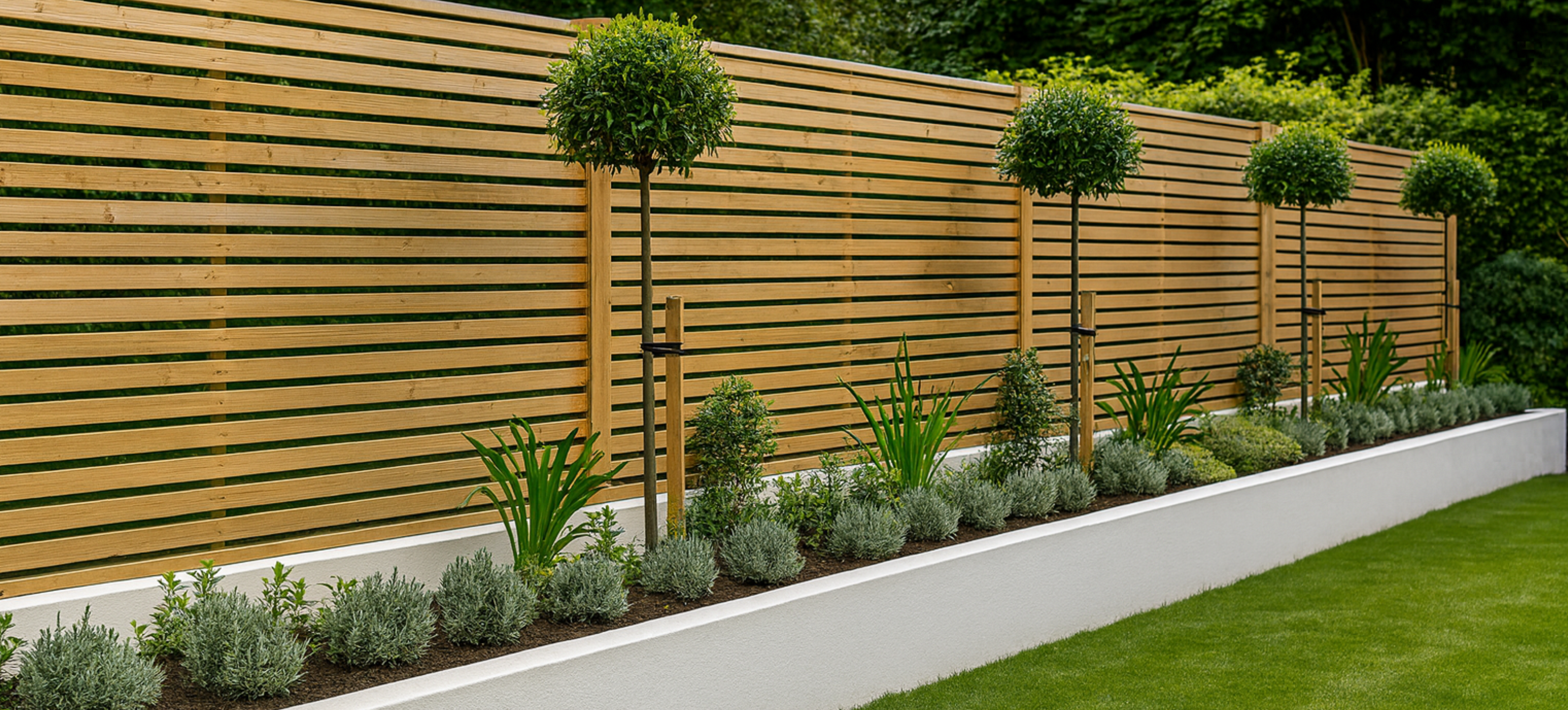 A neatly landscaped English garden featuring a long, modern horizontal slatted wooden fence behind a raised white planter bed. The planter contains evenly spaced ornamental trees with rounded topiary crowns, along with low shrubs and green foliage plants. A well-kept green lawn runs alongside, with mature trees and greenery visible in the background.